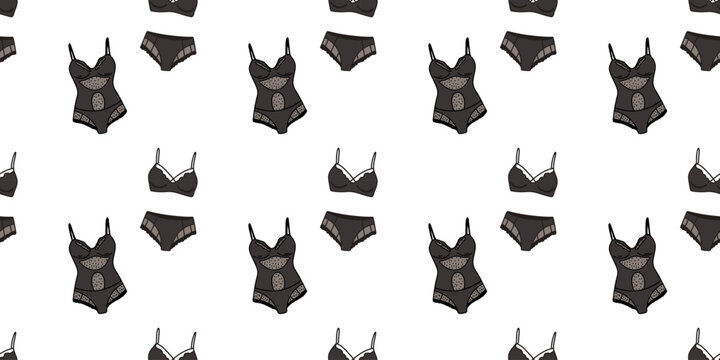 Seamless pattern with black women's bodysuits and lingerie sets