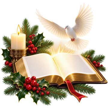 Holy Bible with peace dove burning candle and pine wreath PNG illustration for Christmas holiday card worship sublimation isolated on transparent background
