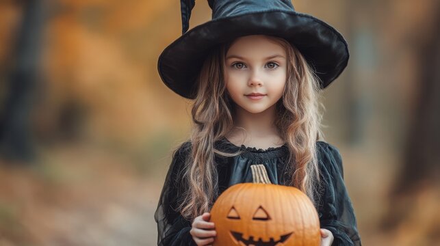 Little girl dressed as a witch holding a carved pumpkin for Halloween