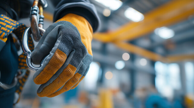 Close-up of a construction worker's protective glove handling a metal safety carabiner and rope system, emphasizing secure equipment, fall protection and industrial workplace safety.
