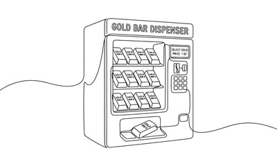 Obraz premium Single continuous line of an automated gold bar dispenser machine, showing rows of precious metal ingots inside, isolated on a white background, concept of luxury investment assets