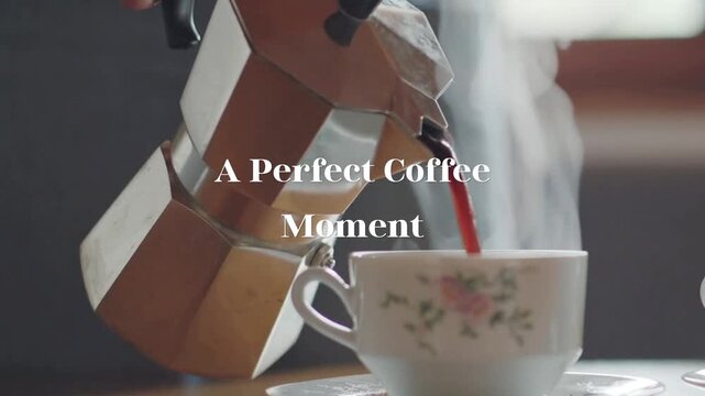 Freshly Brewed Coffee Pouring from Moka Pot into Cup, Cozy Morning Ritual, Warm Beverage Preparation, Home Kitchen Lifestyle, High-Quality Food Pho...