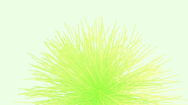 Close up of a vibrant lime green spiky cluster with radiating fiber tentacles extending across a light backdrop in a 3D motion background