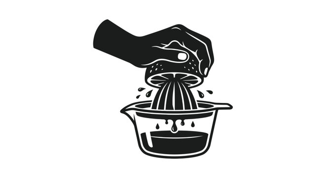 Hand squeezing citrus fruit into a reamer on a white background
