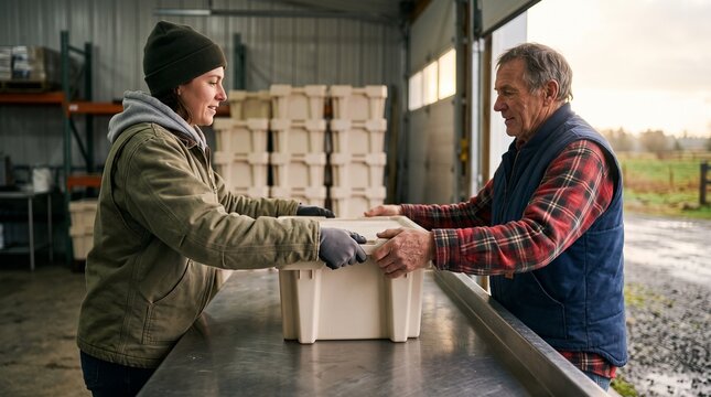 Cooperative members transfer crates at receiving dock