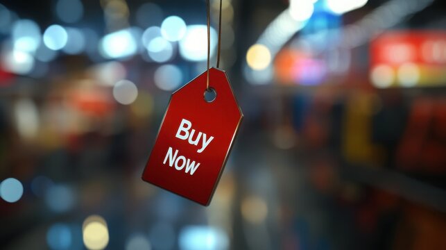 Red sale tag with buy now text hanging in retail store background