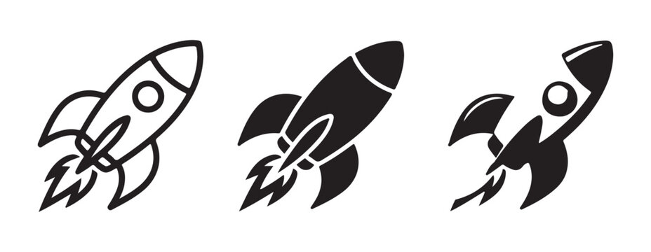 Rocket launch graphics depicting diagonal trajectory with smoke trails for tech startup sites.