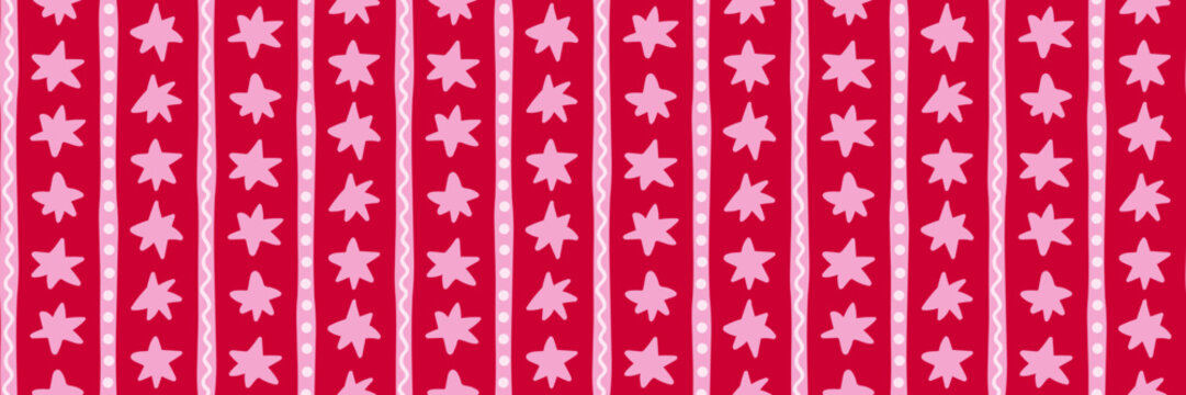 Playful pink hand drawn stars with vertical stripes, dots and wavy lines on a bold red background. Cheerful festive Christmas seamless  pattern for wrapping paper, textiles, stationery and holiday des