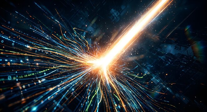 Energetic light beam exploding outwards creating a dynamic abstract visual representing power and speed