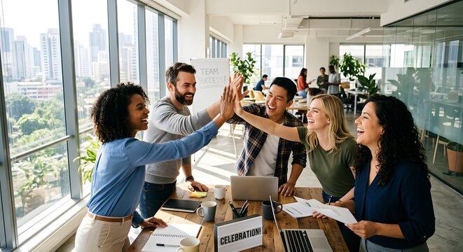 Diverse team celebrating success with high fives in a modern office environment