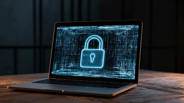 Modern laptop displaying glowing cyber security padlock icon with binary code patterns on screen surface