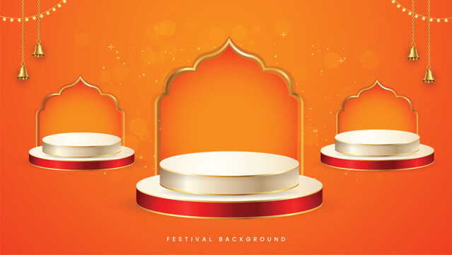Orange Durga Puja festival background with golden arches, layered podiums, hanging bells, glowing lights, and festive decorative elements.