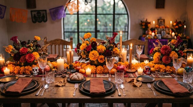 A beautifully set table for Day of the Dead with marigolds, candles, and floral arrangements creating a festive and solemn atmosphere for remembrance