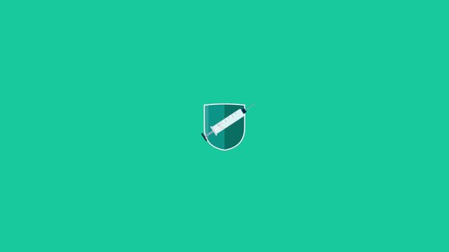 Medical syringe and shield icons motion graphic on teal background