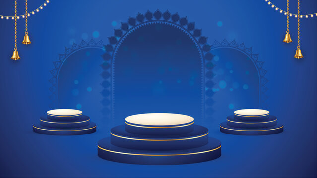 Blue Durga Puja Festival Background With Golden Arch