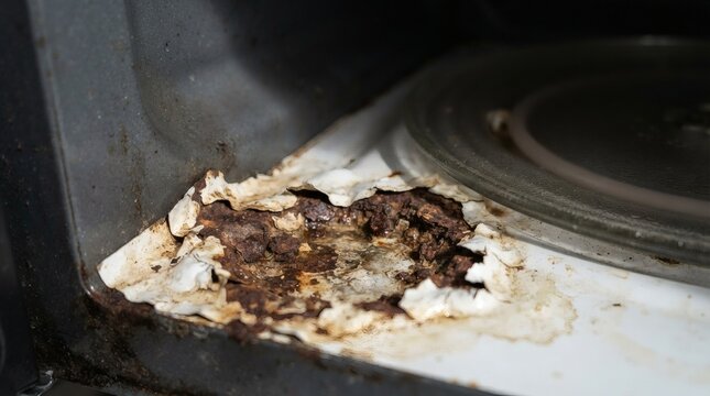 Close up of rusty interior of old microwave oven