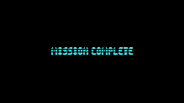 Retro mission complete digital glitch text isolated on transparent background