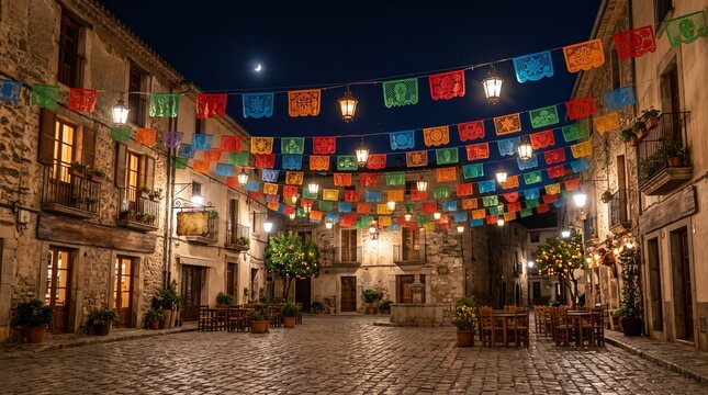 Colorful traditional paper bunting flags strung across a cobblestone town square at night, illuminated by warm street lamps and festive twinkling lights