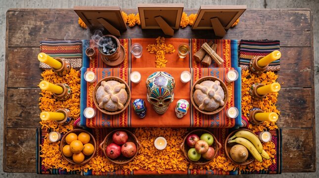 Top view of a traditional Day of the Dead ofrenda altar featuring sugar skulls, marigold flowers, candles, incense, copal, and bowls of fruit arranged on a rustic wooden surface