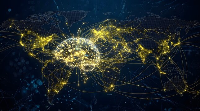 Cybernetic mechanical brain hovering over world map with bright golden network stream connections.