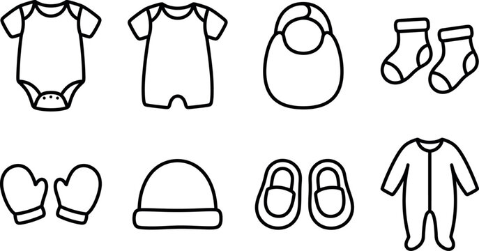 Simple line art illustration of baby clothes and accessories in a grid layout