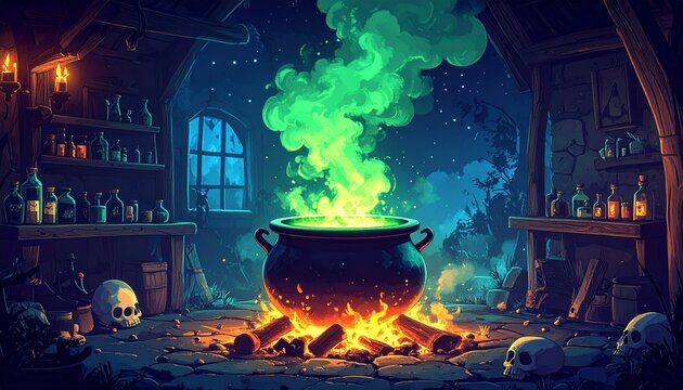 Halloween cauldron with green magic smoke in a dark witch laboratory