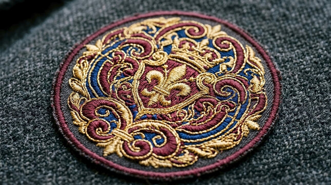 Close up of ornate embroidered applique patch on grey fabric. Vintage royal crest design with gold thread and fleur de lis