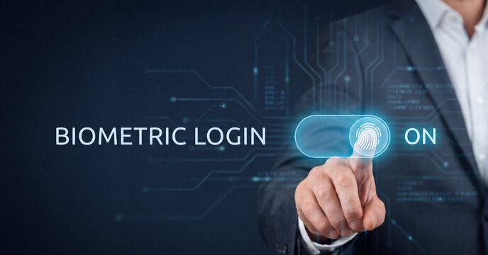 Professional businessman activating futuristic biometric login fingerprint security system with his index finger