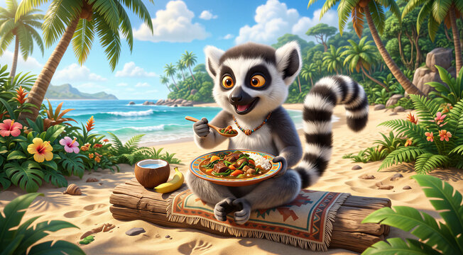 Cute ring tailed lemur eating traditional Malagasy food with spoon on tropical beach, Madagascar national animal, culture and gastronomy illustration concept