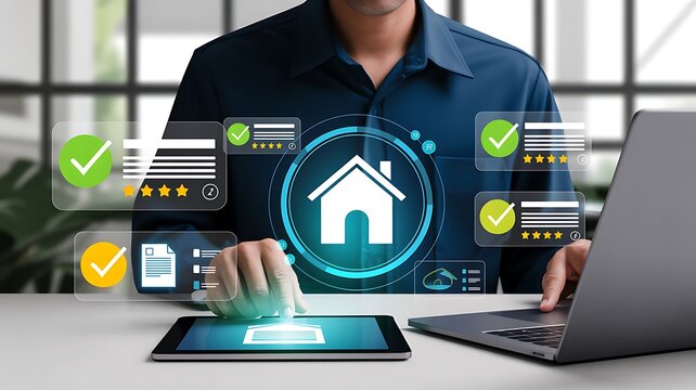 Man interacting with holographic interface showing home buying process with digital checklist and star ratings