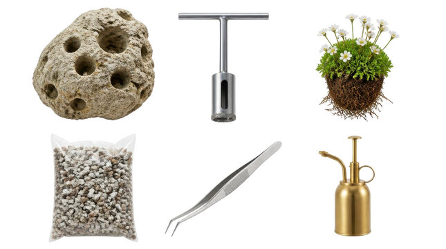 Isolated set of terrarium and aquascaping tools, pumice stone, plant, substrate bag, tweezers, and brass mister spray bottle