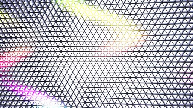 Futuristic geometric triangle grid background with moving neon pink and yellow light wave effects