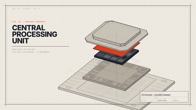 Technical Blueprint Animation of an Exploded CPU Package Assembly Diagram