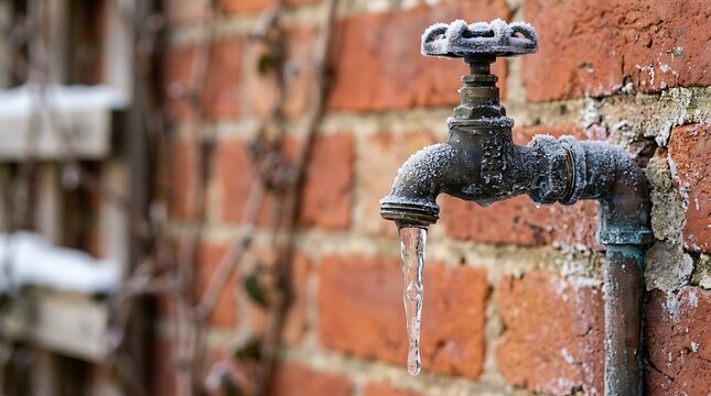 Frozen outdoor water tap with icicle against a brick wall