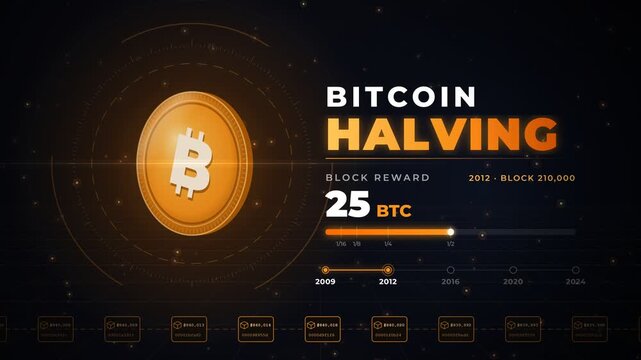 bitcoin halving block reward reduction timeline infographic animation with coin