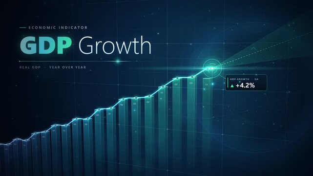 GDP growth economic indicator chart with rising bar graphs and HUD radar