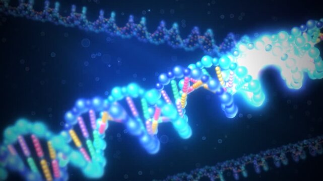 Glowing 3D DNA Helix Strand Replicating in Molecular Science Laboratory Concept