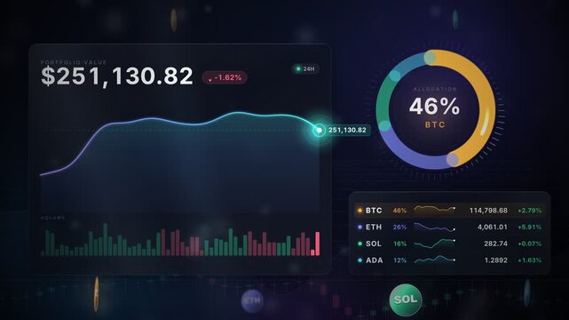 Cryptocurrency portfolio management dashboard with asset allocation charts