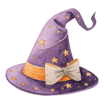 Cute watercolor illustration of a magical wizard witch hat with stars isolated