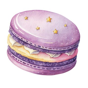 Cute watercolor illustration of a magical purple macaron pastry isolated