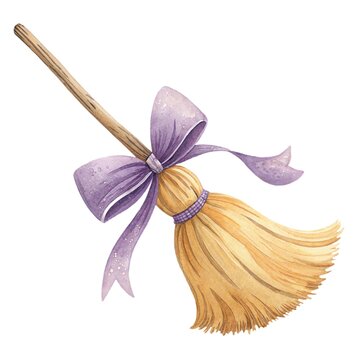 Cute watercolor illustration of a magical witch broomstick with a purple bow isolated