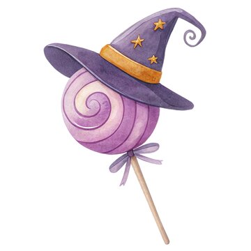 Cute watercolor illustration of a magical spiral lollipop candy wearing a witch hat isolated