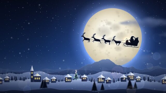 Animated Santa Claus Flying with Reindeer Over Snowy Village at Night