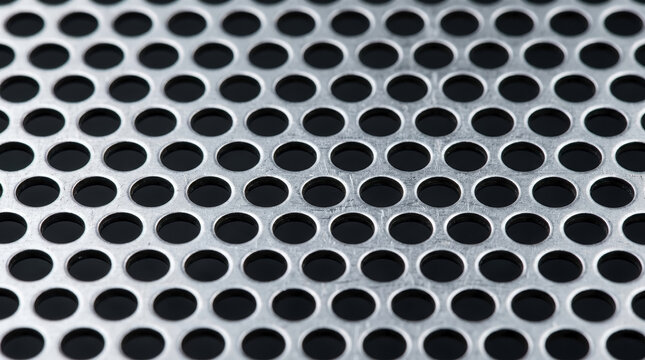 Close-up of perforated steel sheet with round holes. Shiny metal grid pattern texture
