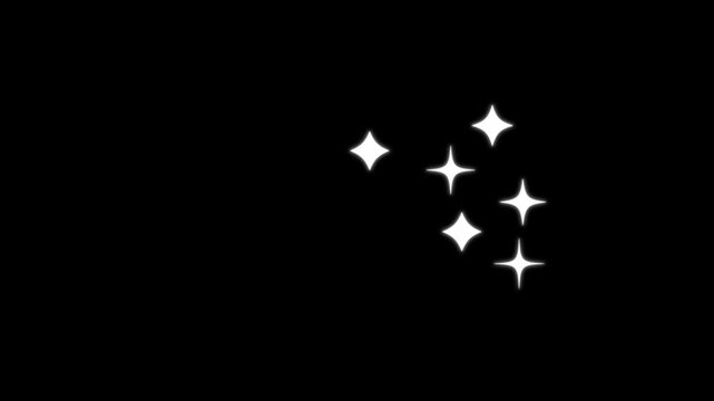 Sparkling star glitter burst animation with white flat vector doodle stars, twinkling light effects, magical fairy dust particles and glowing starlight overlay on black screen background, 4k loop