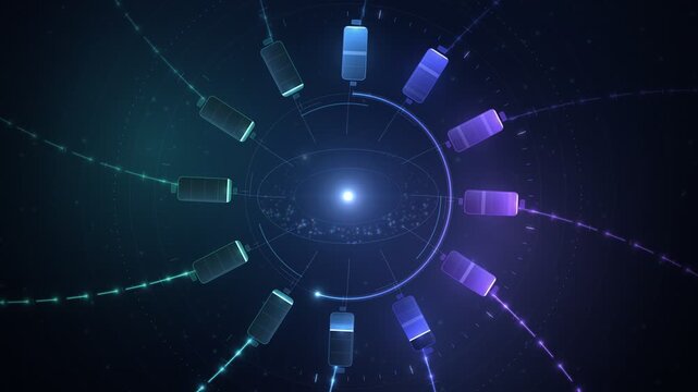 Futuristic energy storage and power grid network animation with glowing batteries and light beams