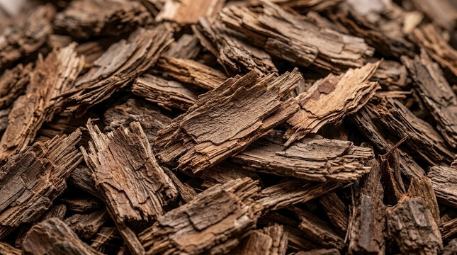 Close up of brown wood bark chips. Rough texture of natural landscaping mulch. Organic shredded tree bark background for gardening