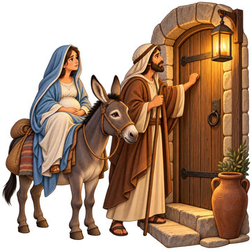 Mary and Joseph seeking shelter with donkey beside doorway, biblical Christmas journey illustration inspired by Bethlehem story, isolated on transparent background PNG