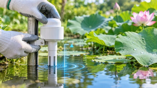 Technician installing digital water level sensor in pond with blooming lotus flowers for environmental monitoring and data analysis