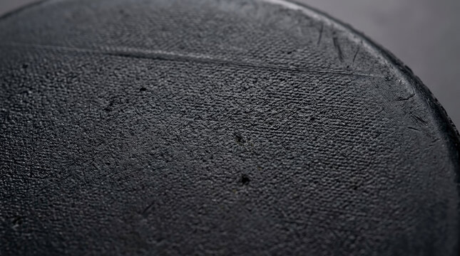 Macro close-up of a black rubber hockey puck surface. Detailed rough and dimpled texture background